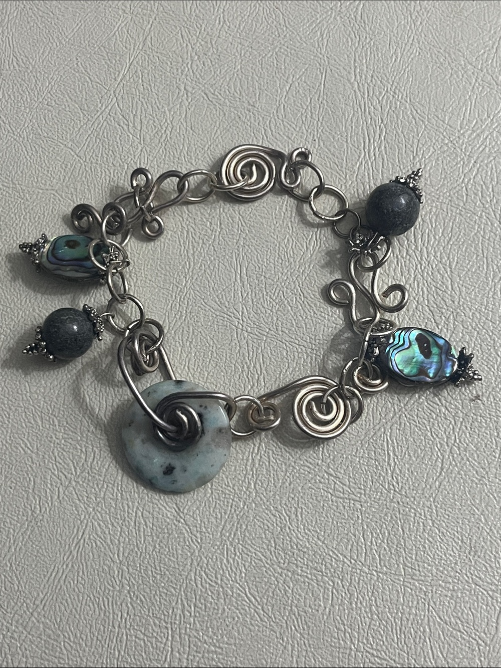 Sterling Swirl Abalone & Gray Bead Bracelet